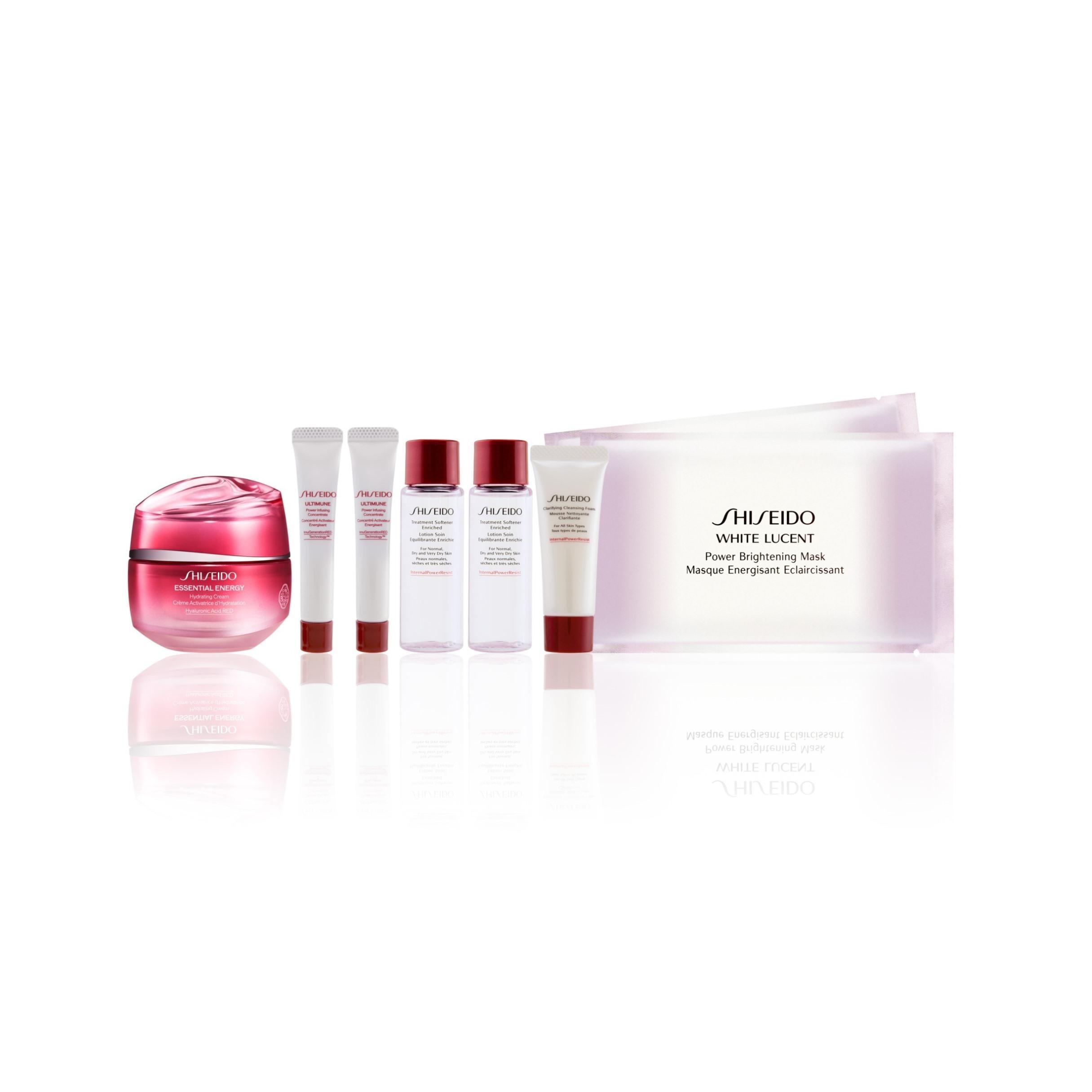 SHISEIDO ESSENTIAL ENERGY肌源補水乳霜組合 $520 (價值$1,120) (尖沙咀店 5月18日至31日) ．ESSENTIAL ENERGY肌源補水乳霜50ml ．ULTIMUNE新升級紅妍肌活免疫再生精華5ml x 2件 ．WHITE LUCENT激亮淨白面膜2片 ．長效補濕防禦健膚水(滋潤型) 30ml x 2件 ．淨肌防禦潔面泡沫15ml